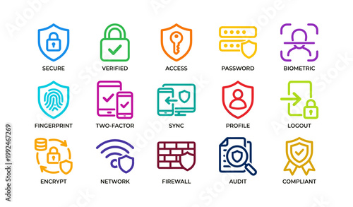 Security icons for authentication and protection on white