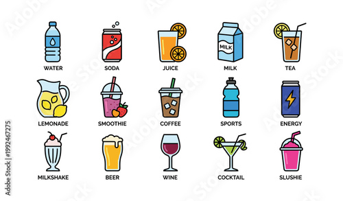 Collection of beverage icons showing drinks and containers on white