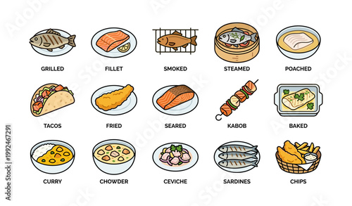 Seafood dish icons showing cooking methods on white background
