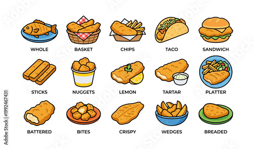 Fried fish and seafood icons showing servings and sides on white