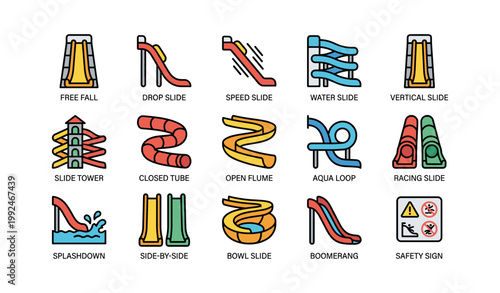 Water park slide icons showing types of slides on white background