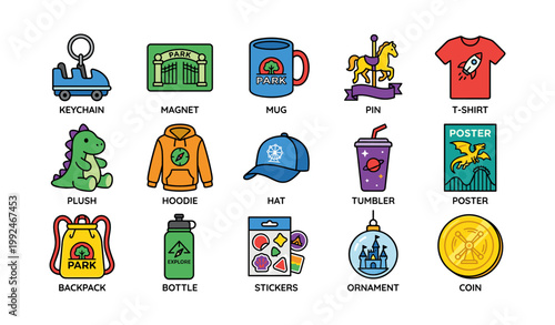 Park souvenir merchandise icons arranged on white background