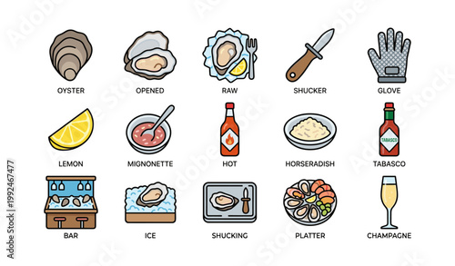 Oyster and seafood service icons arranged in grid on white background
