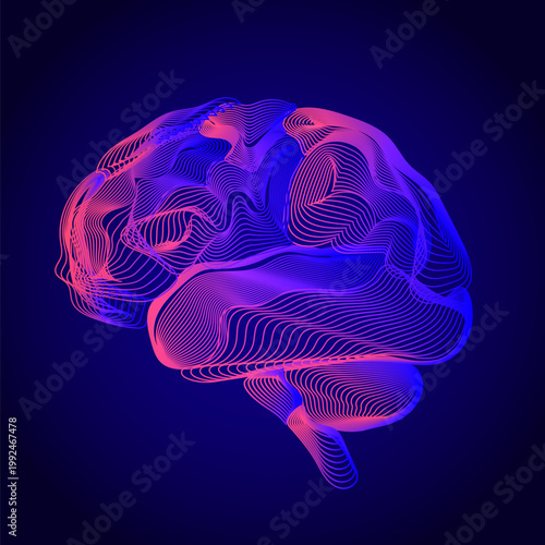 Abstract Neon Brain Waves Digital Illustration. Colorful flowing lines forming a human brain shape, representing neural activity, creativity, and modern digital science on a dark background.