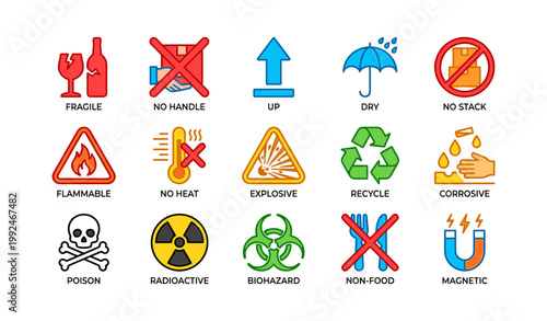 Packaging handling and hazard icons on white background