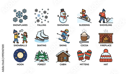 Winter activity and apparel icons arranged on white grid