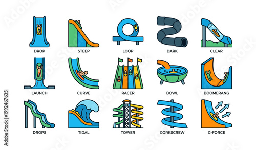 Water slide icons showing different slide types on white background