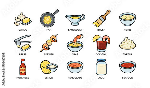 Seafood condiment and tool icons showing ingredients on white