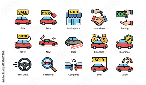Car sale and dealership icons in labeled grid layout