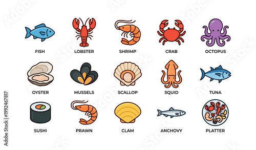 Seafood icons depicting fish and shellfish on white background