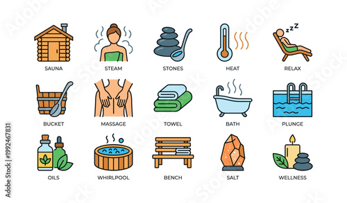 Spa and wellness icons depicting sauna treatments and amenities
