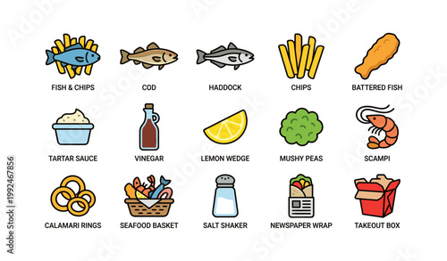 Fish and chips food icons showing seafood items and accompaniments