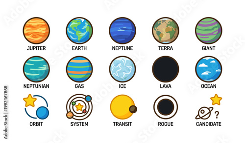 Planet icons arranged in a labeled grid on white background