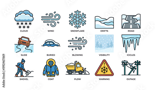 Winter weather hazard icons showing road and snow conditions