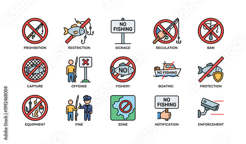 No fishing and prohibition icons arranged in grid on white background