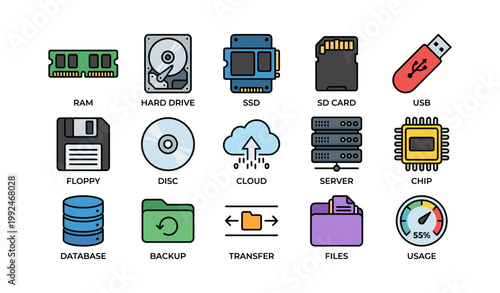 Computer storage and hardware icons in grid on white background