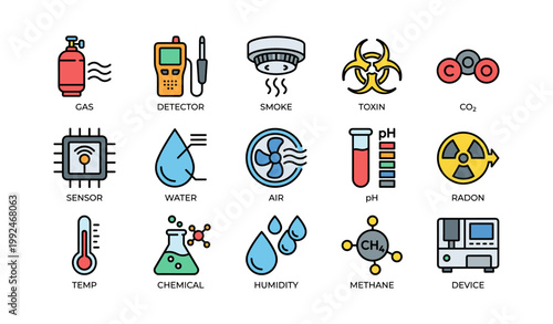 Environmental sensor and hazard icons displayed on white background