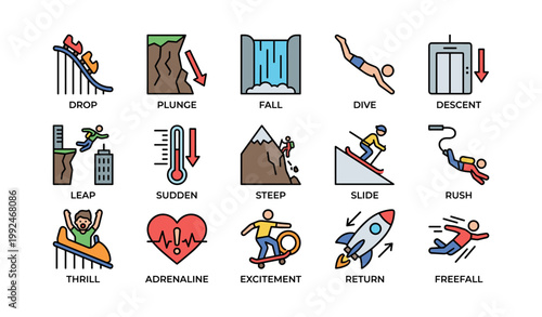 Action icons depicting drops, jumps and falls in activity grid