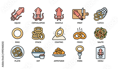 Squid and fried ring appetizer icons illustrating seafood snack items