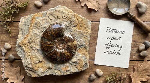 Flat-lay of a Spiraling Ammonite Fossil
