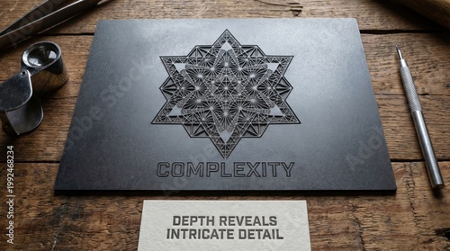 Flat-lay of precisely cut geometric complexity art