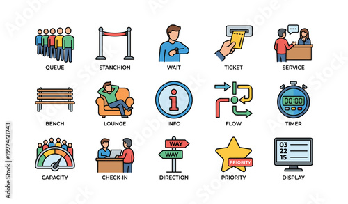 Queue and waiting area icons showing service flow on white background