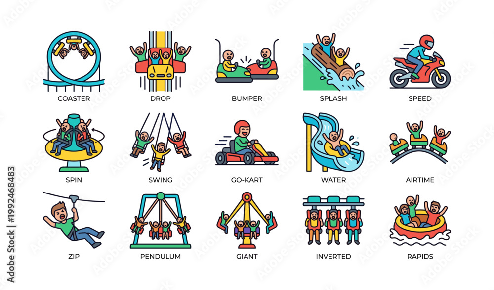 Fototapeta premium Amusement park ride icons showing attractions and thrill effects