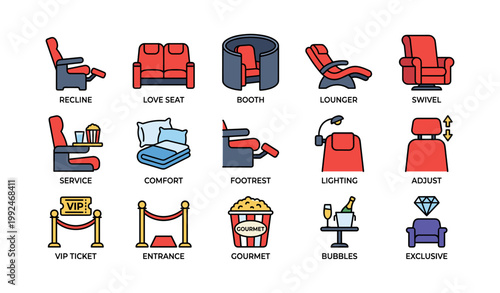 Cinema seating and premium service icons in grid layout