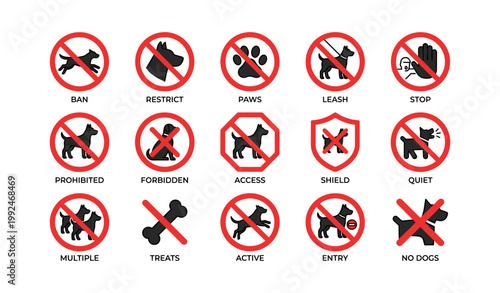 Multiple no dogs and prohibition icons arranged on white background
