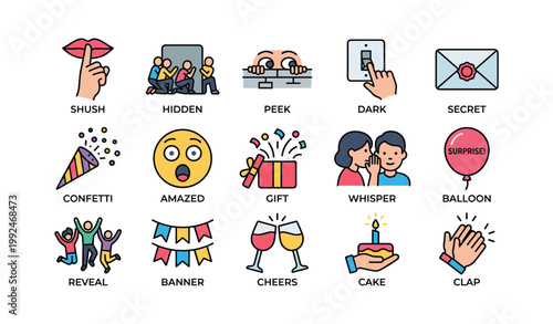 Party and surprise icons illustrating hidden reveal and celebration