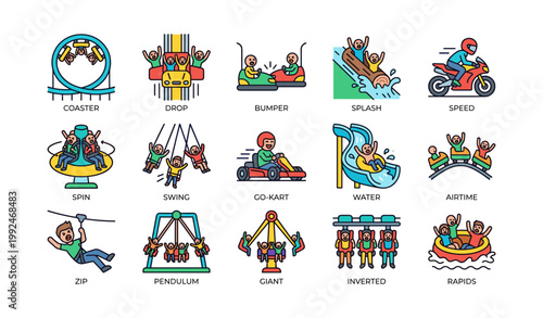 Amusement park ride icons showing attractions and thrill effects