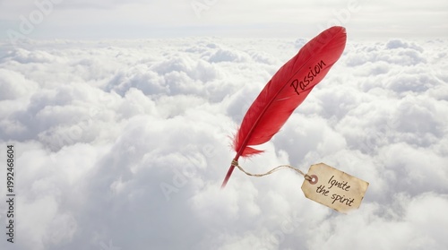 Red Feather with Passion Text Set Within a Vast Open Expanse