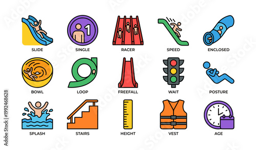 Waterpark icons showing slide types and safety elements on white
