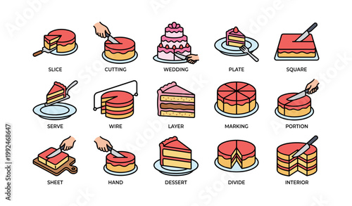 Cake icons showing slicing and serving actions on white background
