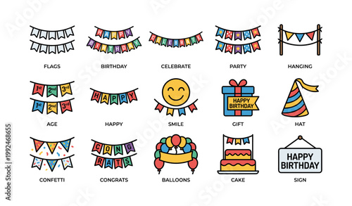 Birthday banner icons showing flags and party decorations