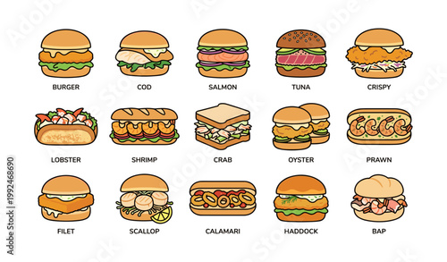 Seafood sandwich icons showing various fish and shell options