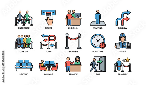 Queue and waiting icons illustrating entrance service at venue