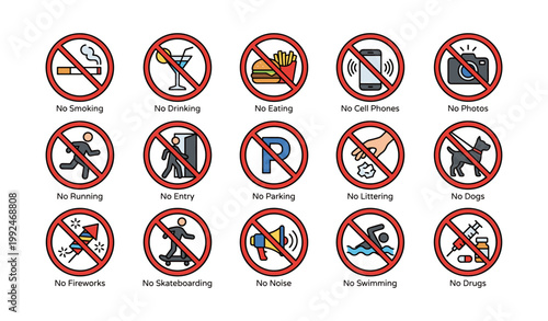 Prohibition icons showing no smoking no entry and other bans