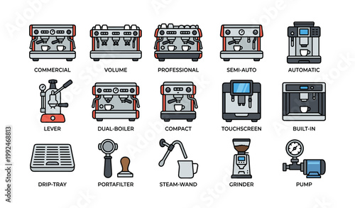 Espresso machine and accessory icons arranged on white