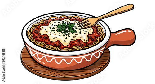 Spaghetti Bolognese topped with ground beef and tomato sauce, finished with a layer of melted cheese and fresh herbs. Served in a rustic ceramic bowl on a wooden stand.