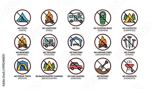 Camping prohibition icons showing banned items on white background