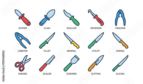 Seafood and knife icons arranged in rows on white background