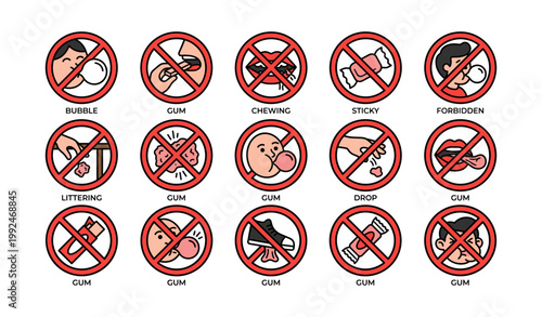 Gum prohibition icons displayed in grid on white background