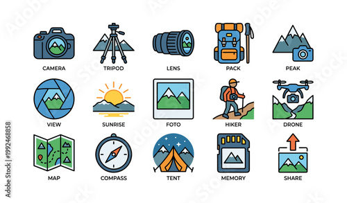 Outdoor photography icons showing camera gear and hiking elements