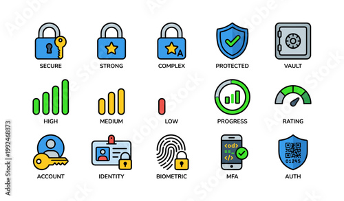 Security icons showing locks shields vault and account symbols