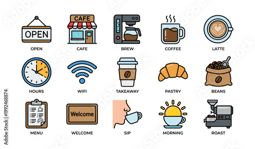 Cafe icons showing coffee drinks takeaway and bakery items