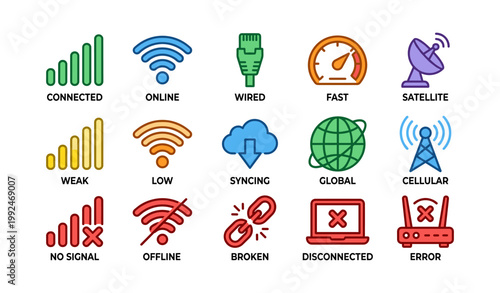Connectivity icons depicting network status and signal symbols