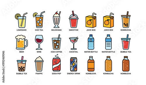 Beverage icons arranged in grid on white background