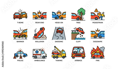 Car accident and emergency icons arranged in labeled grid on white