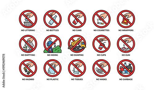 Prohibition icons for littering and specific trash items on white